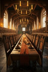 Fototapeta na wymiar Illustration of Set Banquet Table in Castle or Ancient Palace, Building Interior for Medieval Fantasy RPG [Generative AI]