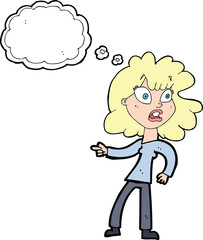 cartoon worried woman pointing with thought bubble
