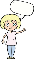 cartoon happy woman pointing with speech bubble