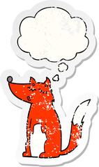 cartoon wolf and thought bubble as a distressed worn sticker