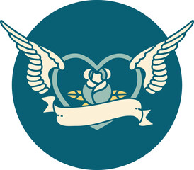 tattoo style icon of a flying heart with flowers and banner