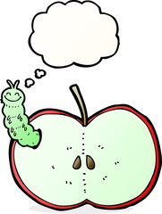 cartoon bug eating apple with thought bubble