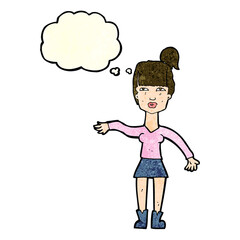cartoon woman making dismissive gesture with thought bubble
