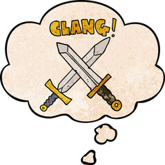 cartoon sword fight and thought bubble in grunge texture pattern style