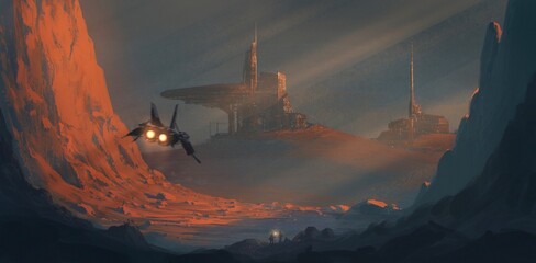 Futuristic spaceship exploring a new planet. Returning to the home base