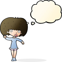 cartoon waving girl with thought bubble