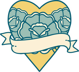 tattoo style icon of a heart and banner with flowers