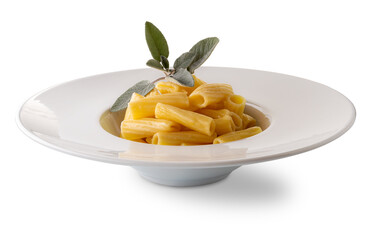 Macaroni rigatoni with butter and sage sauce in white dish with sage leaves, isolated