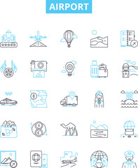 Airport vector line icons set. Airport, Terminal, Check-in, Terminal-, TSA, Runway, Arrival illustration outline concept symbols and signs