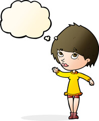 cartoon woman waving with thought bubble