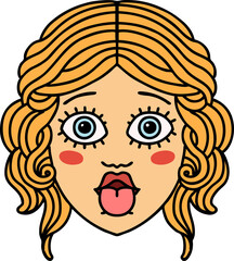 traditional tattoo of female face sticking out tongue