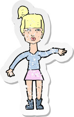retro distressed sticker of a cartoon woman making dismissive gesture
