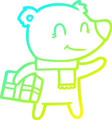 cold gradient line drawing friendly bear with xmas gift and scarf