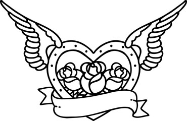 black line tattoo of a flying heart with flowers and banner
