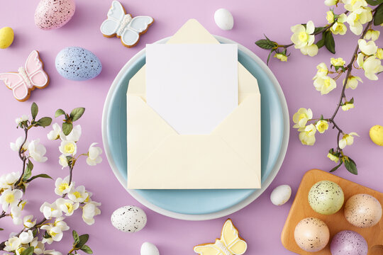 Easter celebration idea. Top view photo of open envelope with card on blue plate colorful easter eggs wooden holder cookies and spring blossom branch on pastel violet background