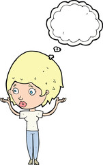 cartoon woman raising hands in air with thought bubble