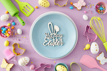 Easter celebration idea. Top view photo of blue plate with inscription happy easter chocolate eggs kitchen utensils baking molds cookies and сolorful candies on pastel violet background