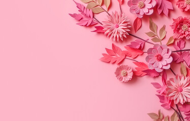 Fototapeta premium Many flowers made of paper on pink background with copy space. Floral frame layout with text space. Romantic feminine composition. Wedding invitation. International Womens day, Mother Day, Birthday