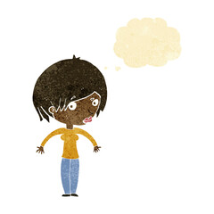 cartoon woman shrugging with thought bubble