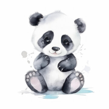 Cute little watercolor panda on a white background. AI generative.