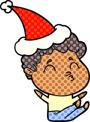 comic book style illustration of a man pouting wearing santa hat