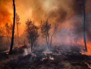 Fototapeta premium raging forest inferno, dramatic wildfire, environmental crisis, generative AI