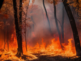 forest fire raging, devastating natural disaster, smoke and flames, generative AI