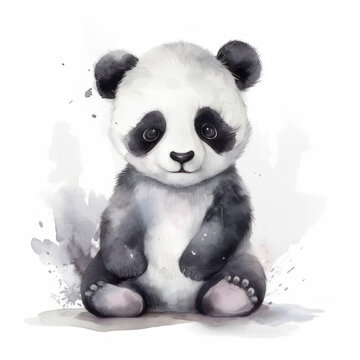 Little watercolor panda on a white background. AI generative.