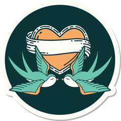 tattoo style sticker of a swallows and a heart with banner