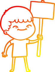 warm gradient line drawing cartoon smiling boy with placard