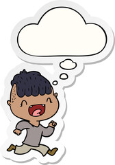cartoon happy boy laughing and running away and thought bubble as a printed sticker