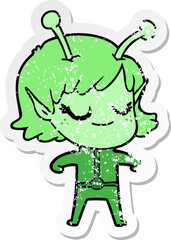 distressed sticker of a smiling alien girl cartoon