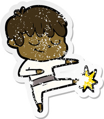 distressed sticker of a cartoon happy boy