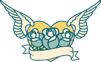 tattoo style icon of a flying heart with flowers and banner