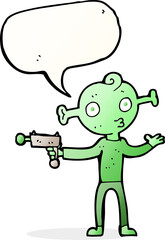 cartoon alien with ray gun with speech bubble