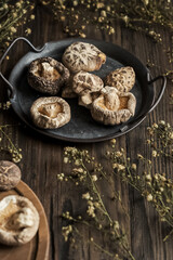 dried shitake mushroom , hioko or jamur shitake in rustic plaste
