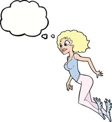 cartoon flying woman with thought bubble