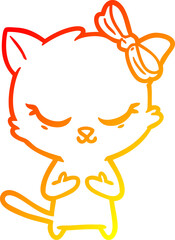 warm gradient line drawing cute cartoon cat with bow