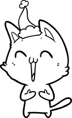 happy line drawing of a cat wearing santa hat