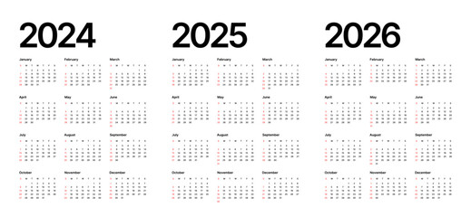 Annual calendar template for 2024, 2025, 2026 years. Week Starts on Sunday. Business calendar in a minimalist style. - obrazy, fototapety, plakaty