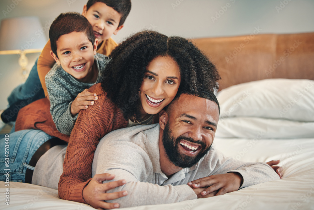 Sticker Laughing, family and portrait smile on bed in bedroom, bonding and care in home. Love, comedy and happy mother, comic father and funny children playing, having fun and enjoying quality time together.