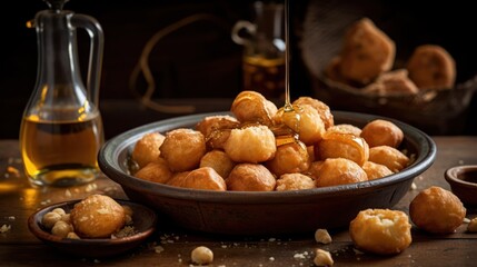 A plate with loukoumades dessert and honey syrup on the table
