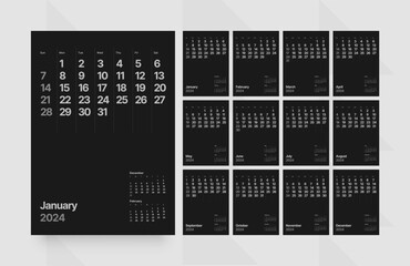 Monthly calendar template for 2024 year. Vertical calendar grid in black and dark color. Week Starts on Sunday. 
