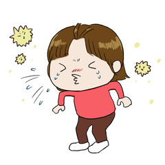 花粉症に苦しんで涙目になりながら、くしゃみをする日本人男性のイラスト