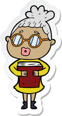 sticker of a cartoon woman with book wearing spectacles