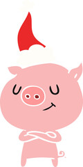 happy flat color illustration of a pig wearing santa hat