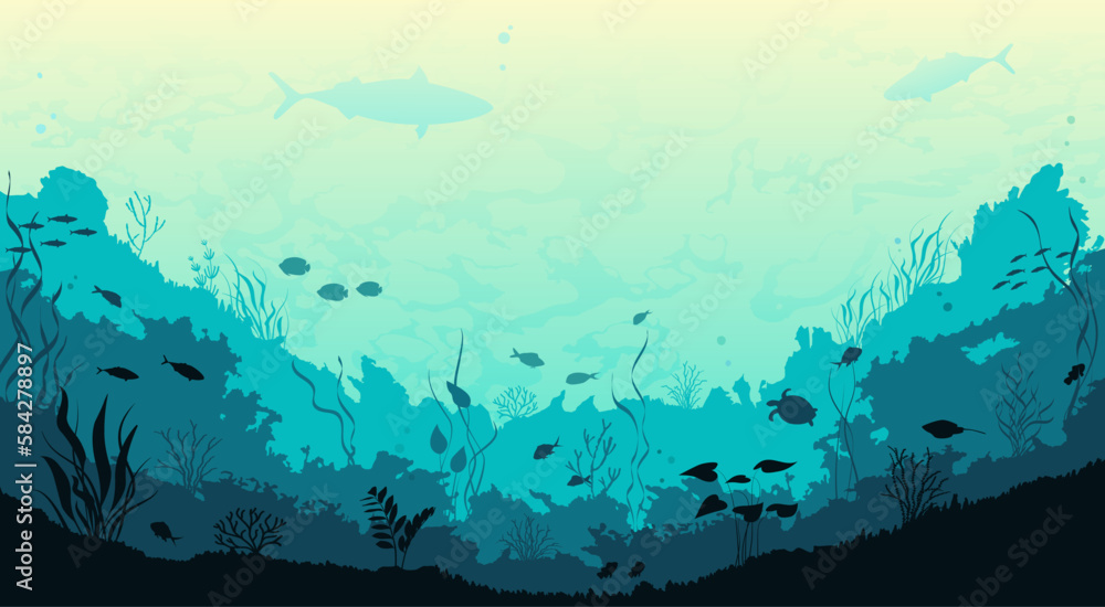 Wall mural the underwater world of the ocean. coral reef with marine plants, algae, fish and sea creatures. sil