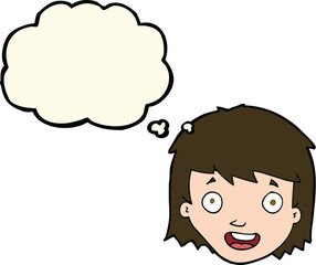 cartoon happy female face with thought bubble