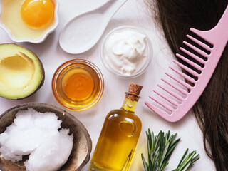 Natural ingredients for home hair care: cosmetic oils, avocado, yogurt, aloe vera gel, rosemary, egg