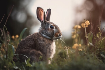 Fototapeta premium Cute easter bunny in the forest. Generative AI